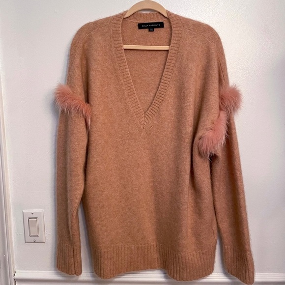LAPOINTE Fox Fur Trim V Neck Cashmere Silk Pullover Sweater M/L - Picture 9 of 11